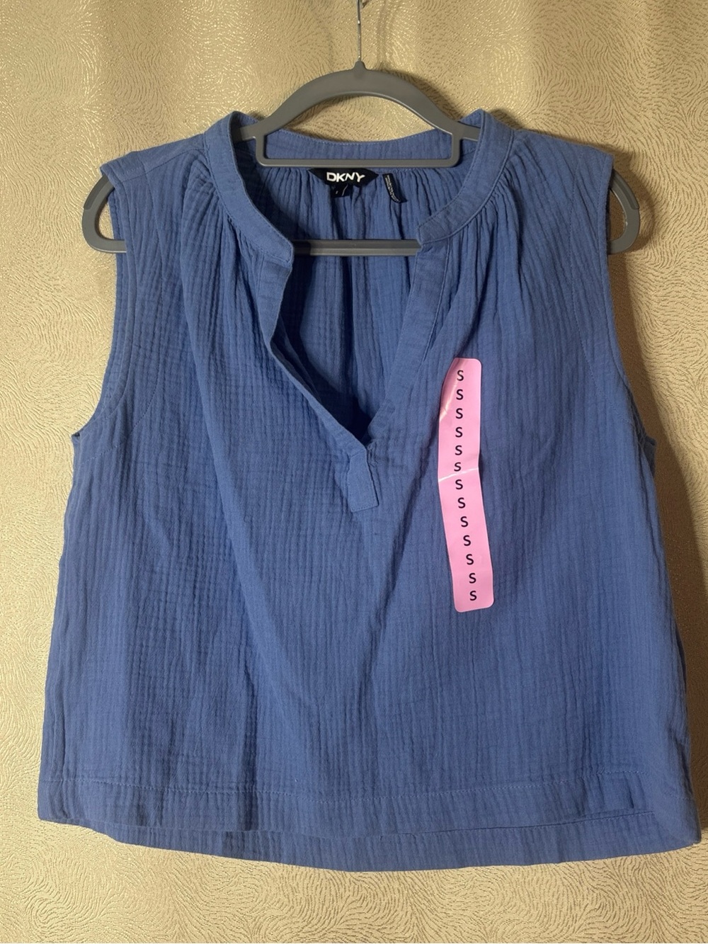 DKNY Blue Sleeveless Textured V-Neck, boho coastal cotton top 0364 - Picture 2 of 10